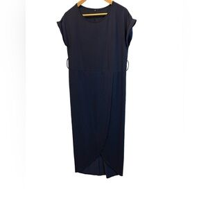 Navy Short Sleeve Lightweight Cotton Long Front Slit Casual Maxi Dress S